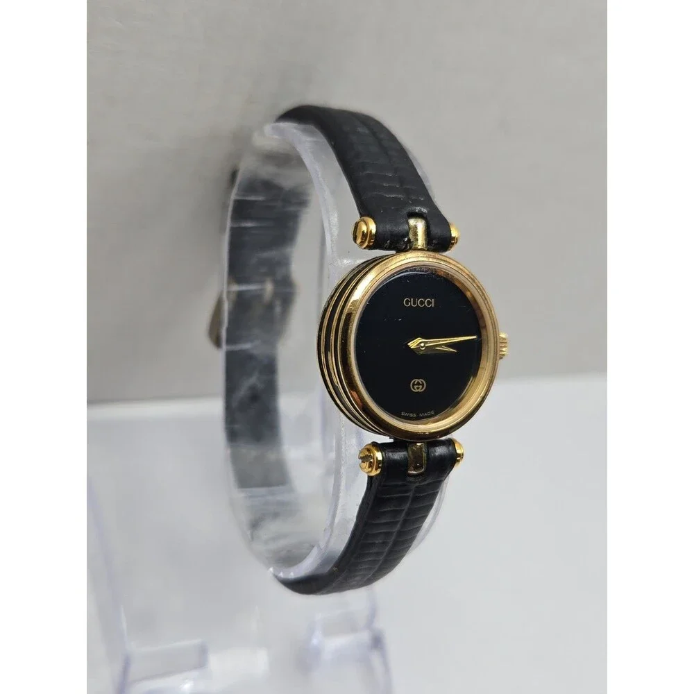 Vintage Gucci Womens Stack Gold Plated Black Dial Quartz Swiss Watch New Battery